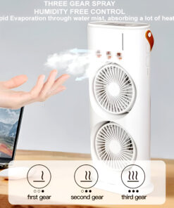 3-in-1 Multifunctional Rechargeable Spray Cooling Fan with Dual Head, 3 Wind Speeds, 90? Rotation and RGB LED Lights